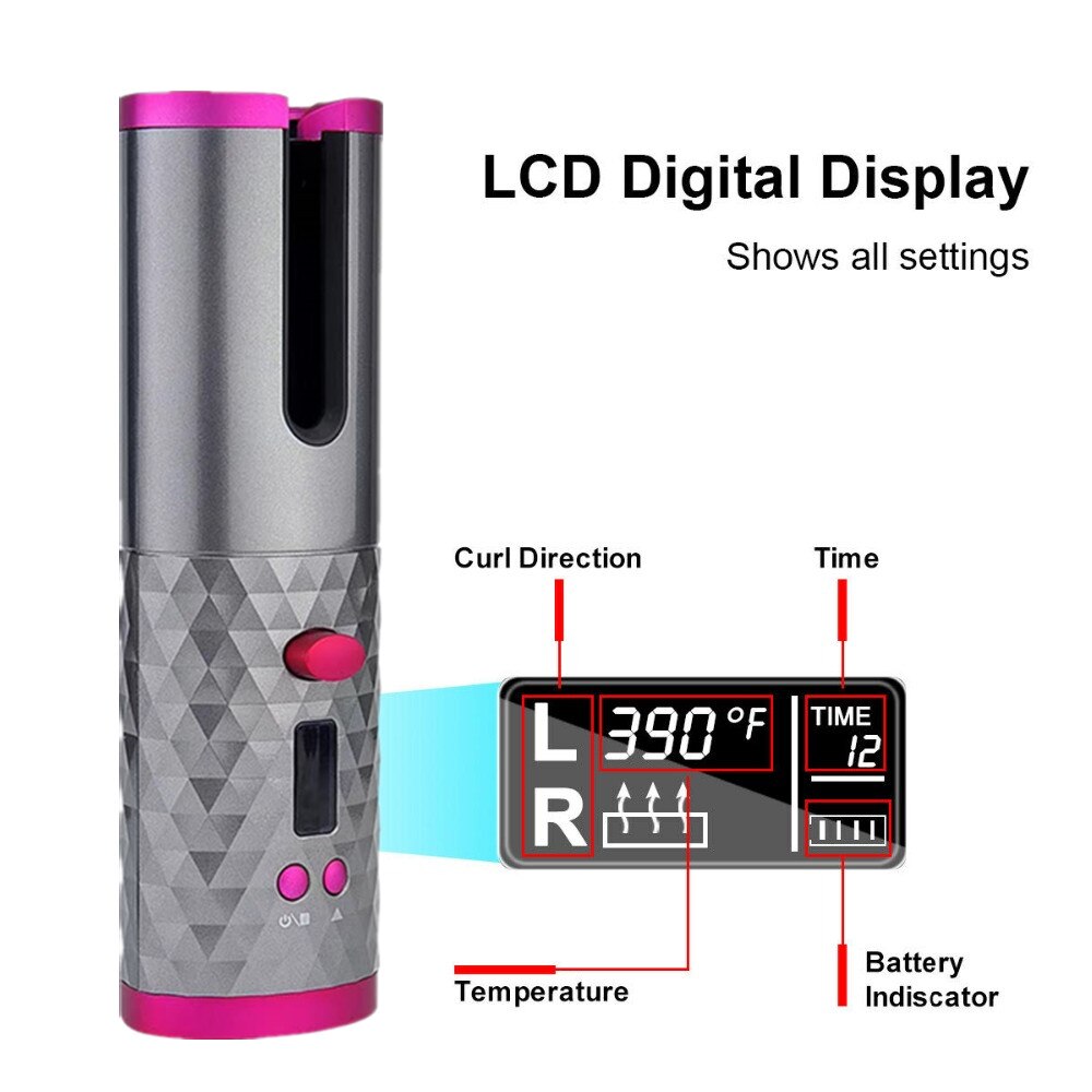 LCD Digital Display Cordless Ceramic Hair Curler